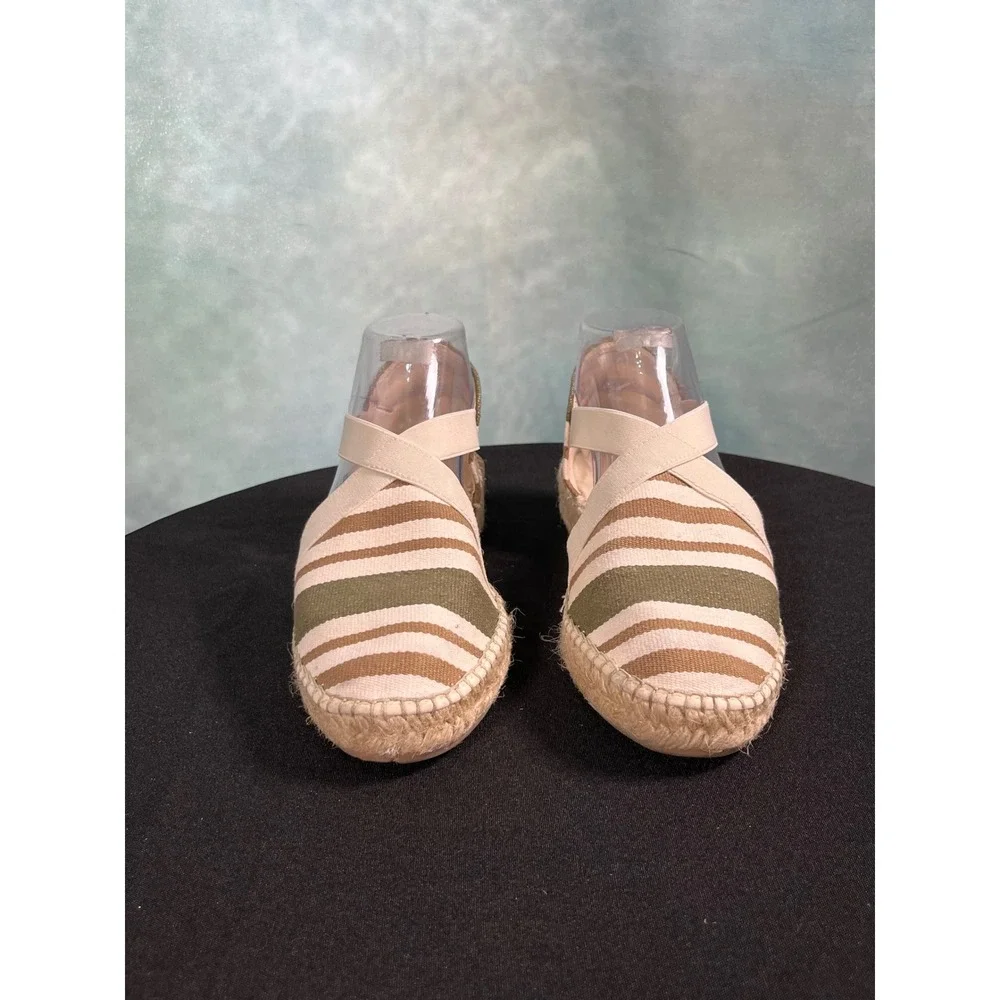 2Espadrilles‎ Women Striped Canvas Elastic Strap Espadrille Flats Olive Tan 39